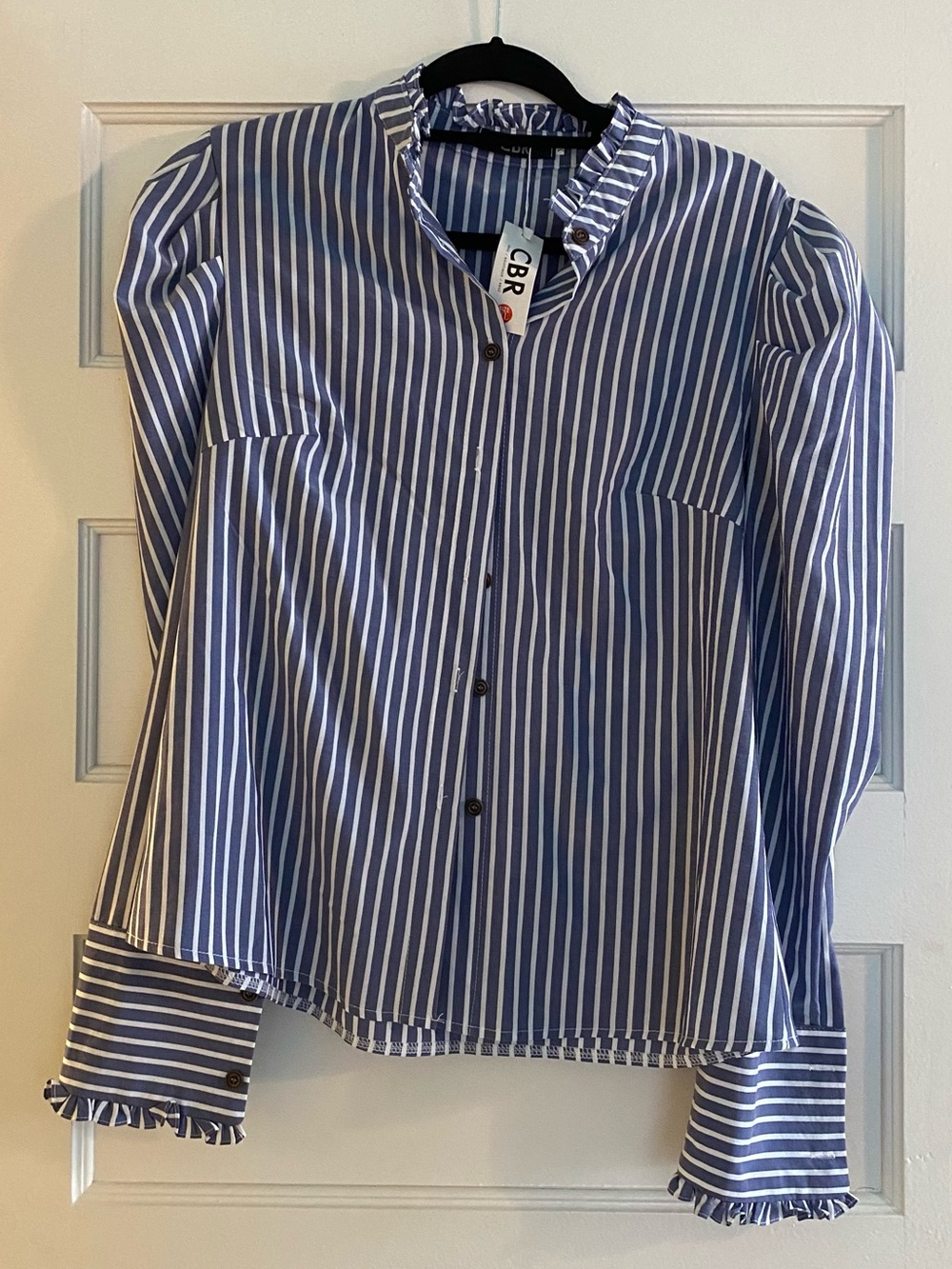 NWT Blue & White Striped Button-Up Ruffle Blouse